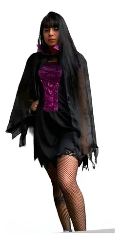 Fantasia Halloween Vamp Bruxa Feiticeira Sensual Capa Chapeu Roxa