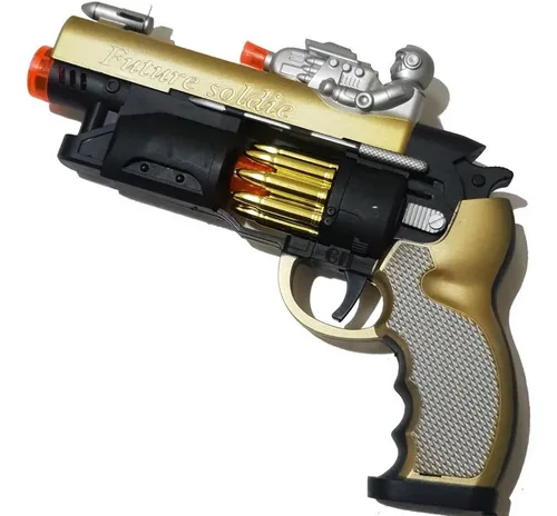 Brinquedo Arma Futurística Pistola Com Laser Luz E Som Dourado E Preto, foto 1 de 5