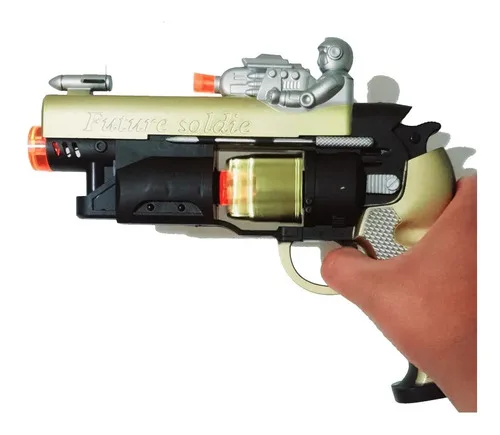 Brinquedo Arma Futurística Pistola Com Laser Luz E Som Dourado E Preto, foto 2 de 5