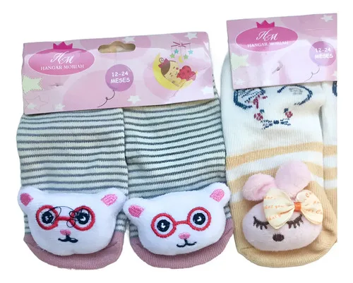 Kit 02 Meias Bichinhos Pantufas Bebê Recém Nascidos Baby Estampado Listras 12-24