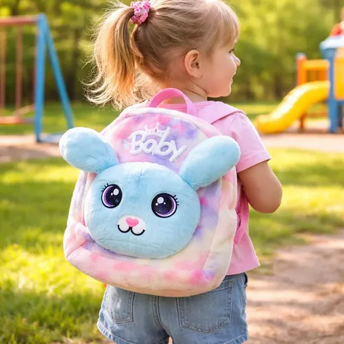 Mochila Infantil Pelúcia Para Bebês Criança Creche Ursinho Azul-celeste Coelho, foto 1 de 7