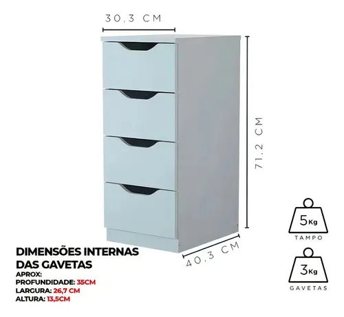 Gaveteiro Para Escritório E Quarto 4 Gaveta Multivisão Cor Branco, foto 6 de 8