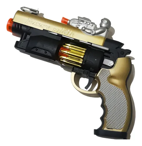 Brinquedo Arma Future Soldier Pistola Com Luz Som E Tambor Dourado E Preto, foto 1 de 2